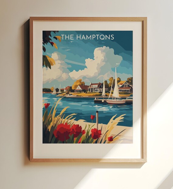 The Hamptons Sailboats Harbor Houses Retro Nautical Travel Poster