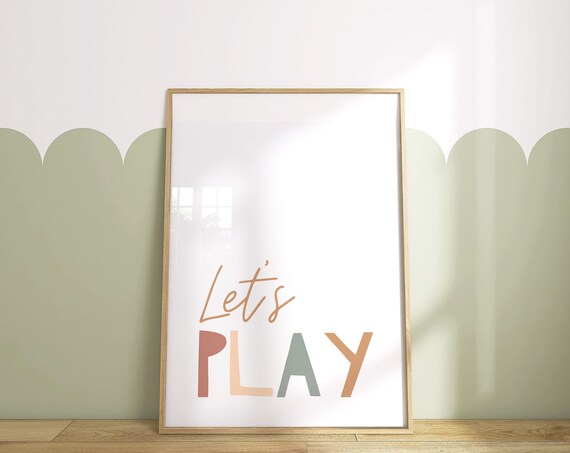 Let's Play Colorful Block Letters Kids Playroom Neutral Nursery Poster