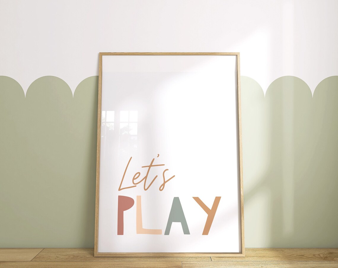 Let's Play Colorful Block Letters Kids Playroom Neutral Nursery Poster