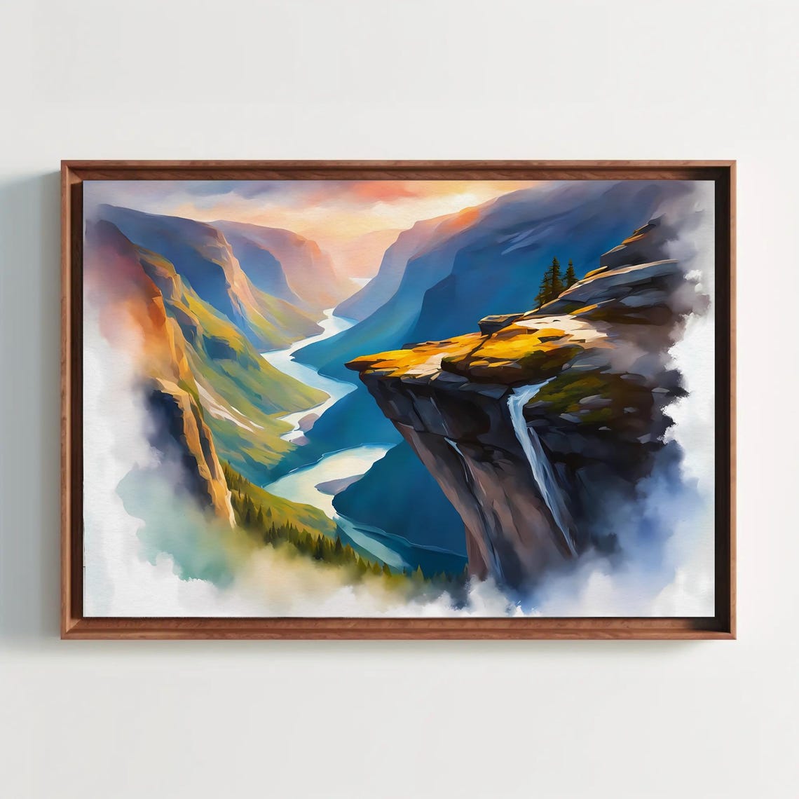 Trolltunga Cliff Over Norwegian Fjord Sunset Watercolor Poster