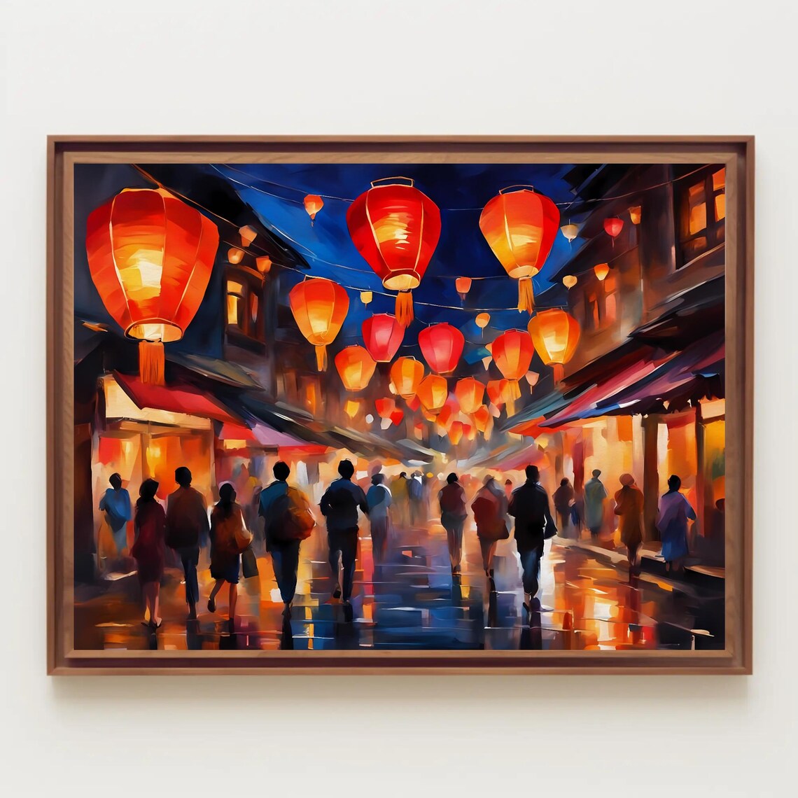 Lantern Festival Night Street Red Lanterns Crowd Painting Poster