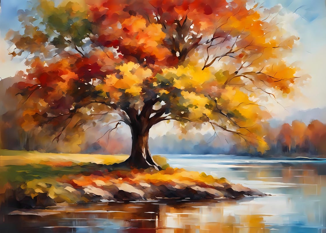 Blazing Autumn Tree Beside A Calm Reflective Lake Watercolor Poster