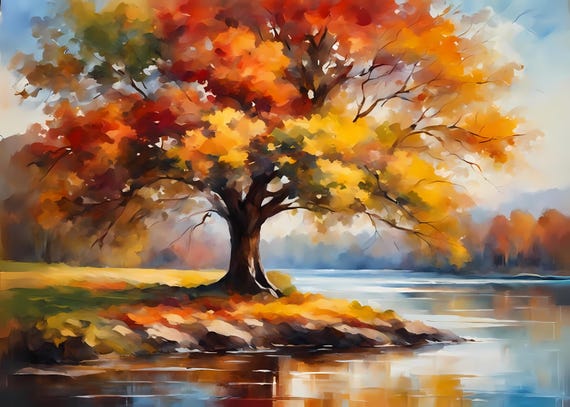 Fall Foliage By Stream Watercolor Painting Autumn Landscape Art Leaves Wall