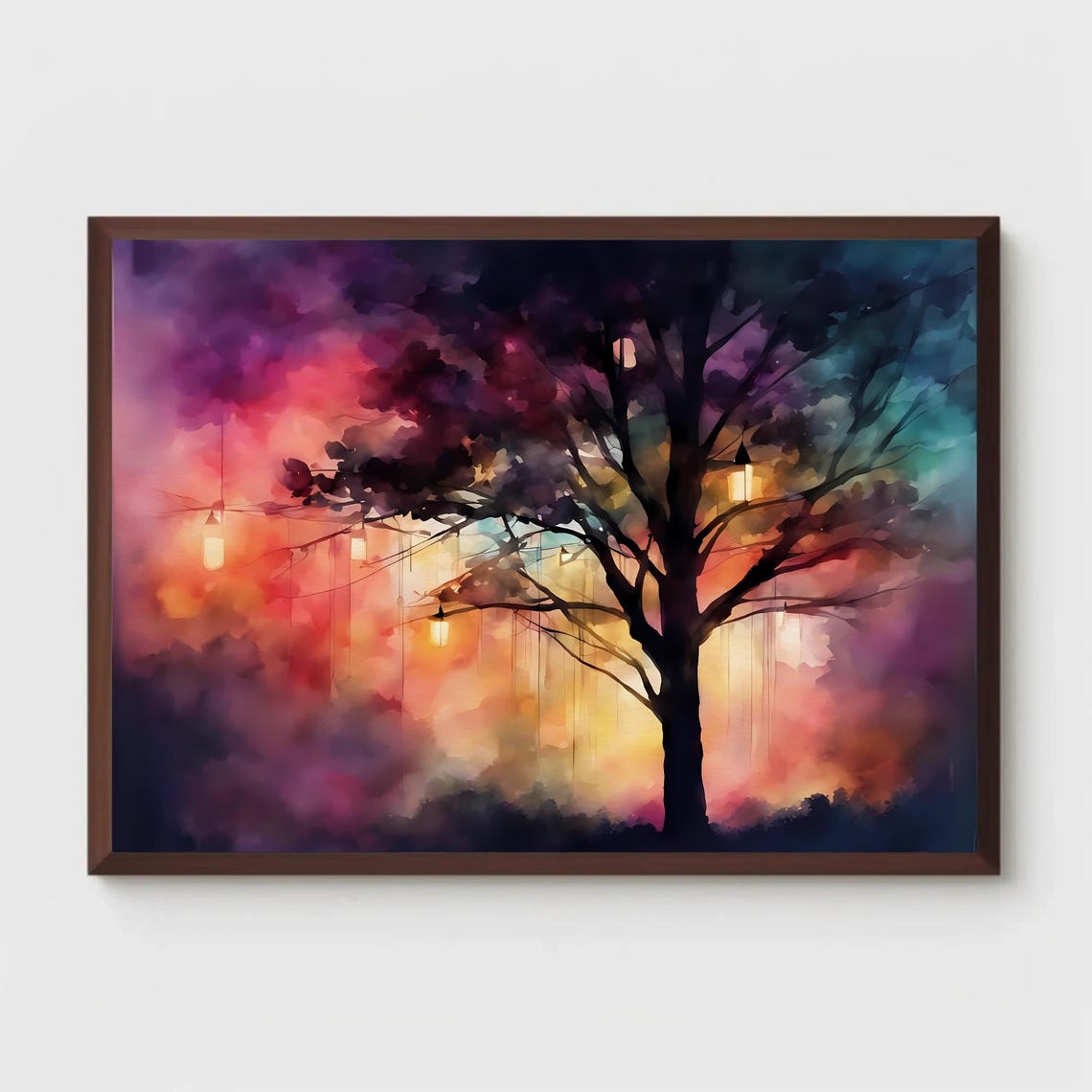 Twinkling String Lights Tree Dusk Romantic Watercolor Art Poster