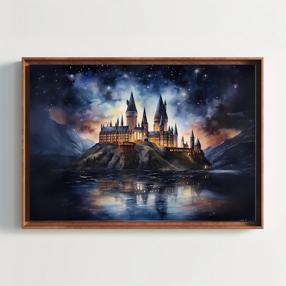 Magic School Watercolor Painting Fantasy Castle Wizard Witch Warlock Art Holiday Gift Starry Night Sky Wall
