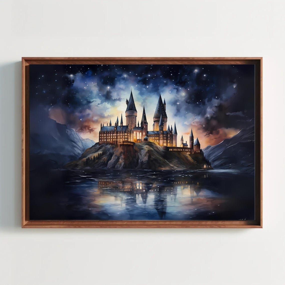 Enchanted Hogwarts Style Wizard Castle on a Lake at Night Art Poster