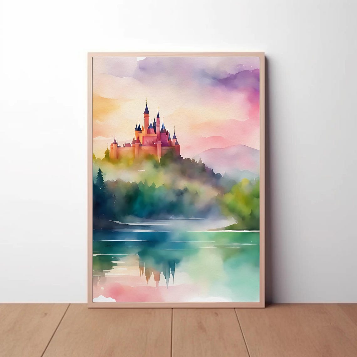 Pink Fairytale Castle Watercolor Lakeside Fantasy Landscape Poster