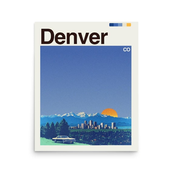 Denver Colorado Skyline Rocky Mountain Sunset Vintage Travel Poster