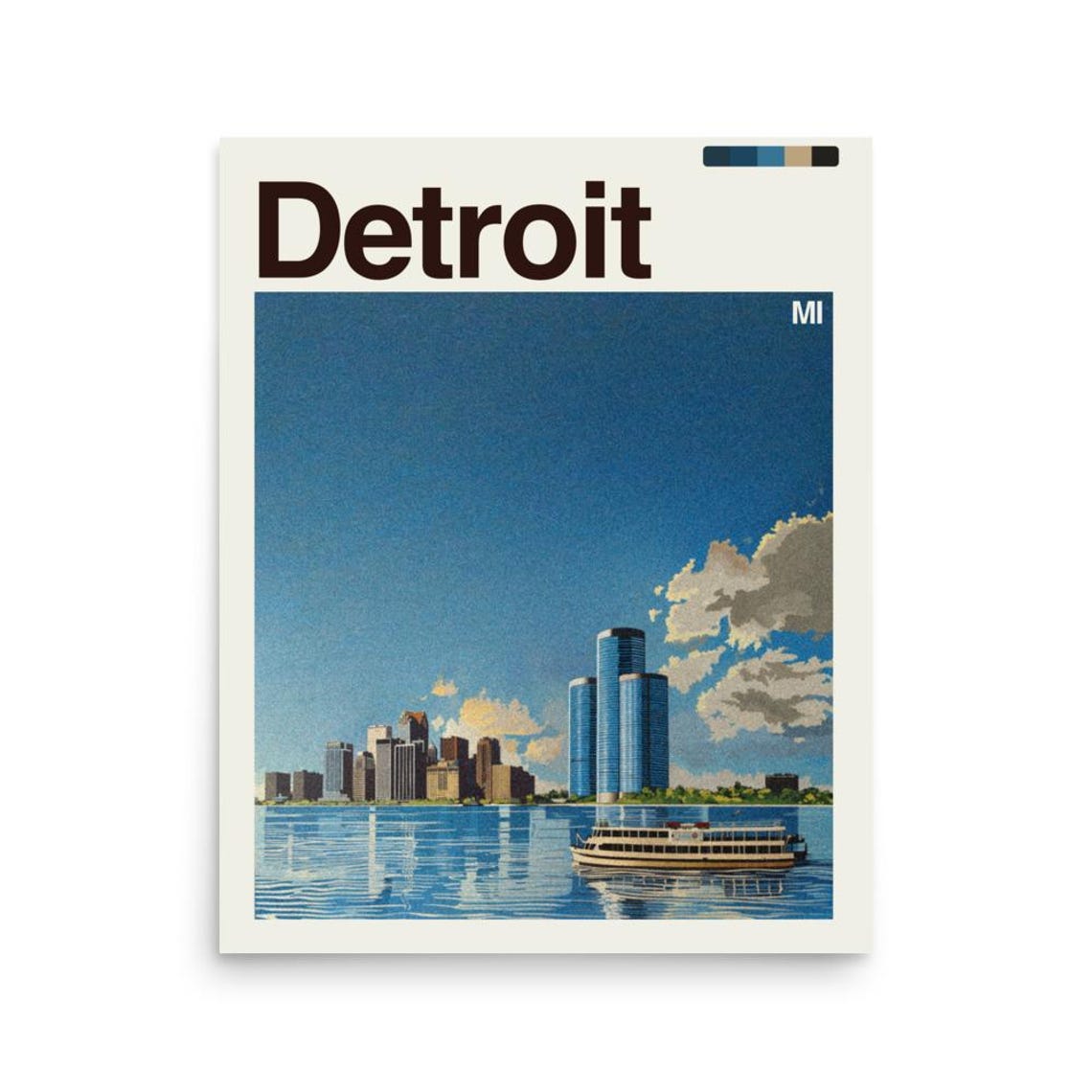 Detroit Michigan Bright Daytime Skyline Riverfront Travel Poster
