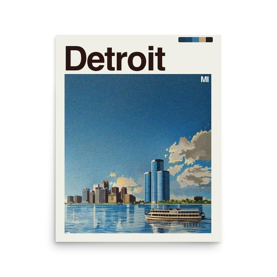Detroit Michigan Bright Daytime Skyline Riverfront Travel Poster