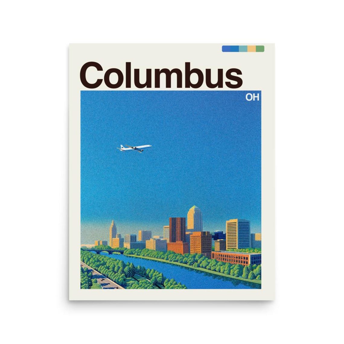 Columbus Ohio Skyline Scioto River Airplane Retro City Poster