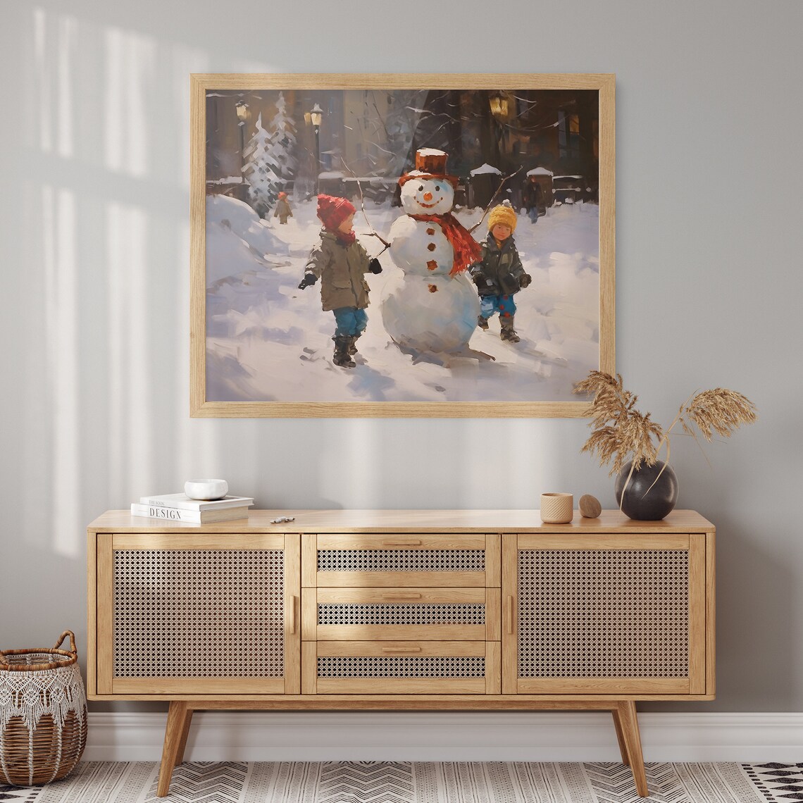 Two Children Building a Snowman on a Snowy Village Street Poster - Image 2