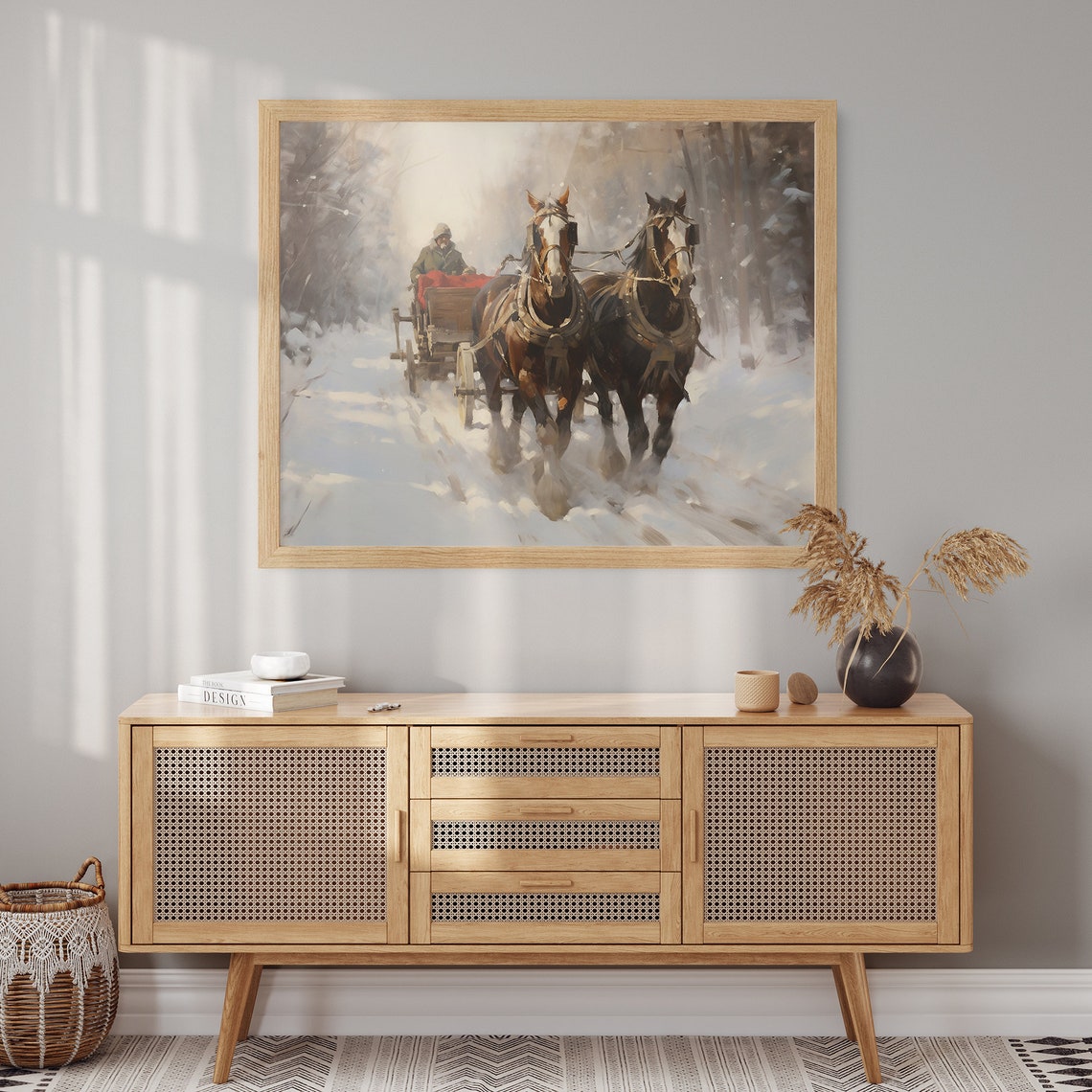 Two Draft Horses Pulling Cart Through Deep Snow Winter Poster - Image 2