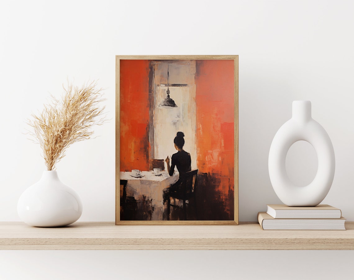 Abstract Woman Drinking Coffee in Red Orange Cafe Scene Poster - Image 3
