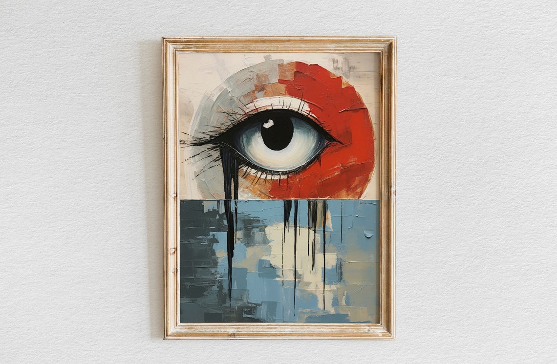 Surreal Crying Human Eye with Red Sun Disc Abstract Art Poster