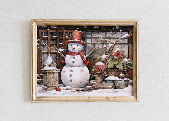 Snowman on a Snowy Porch with a Lantern and Red Holly Poster