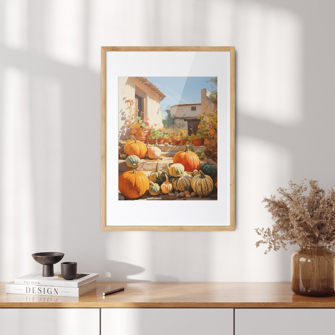 Rustic Pumpkin Collection Sunlit Farmhouse Steps Scene Poster - Image 2