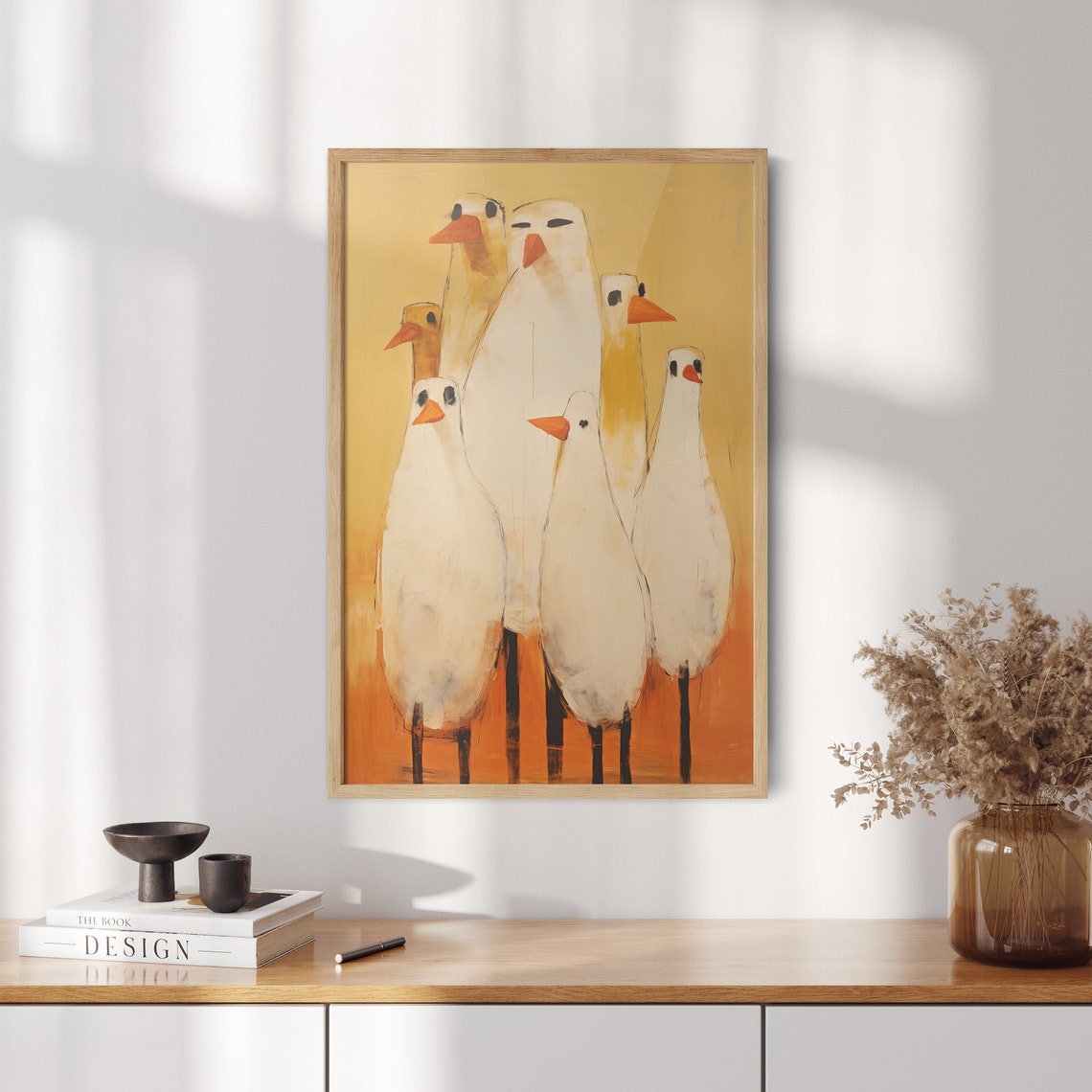 Group of Stylized White Chickens on Warm Yellow Background Poster - Image 2