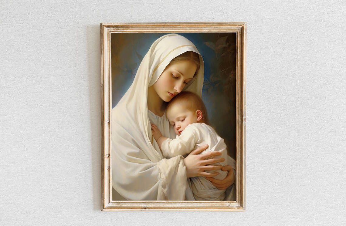 Virgin Mary Holding Baby Jesus Sleeping Child Catholic Art Poster