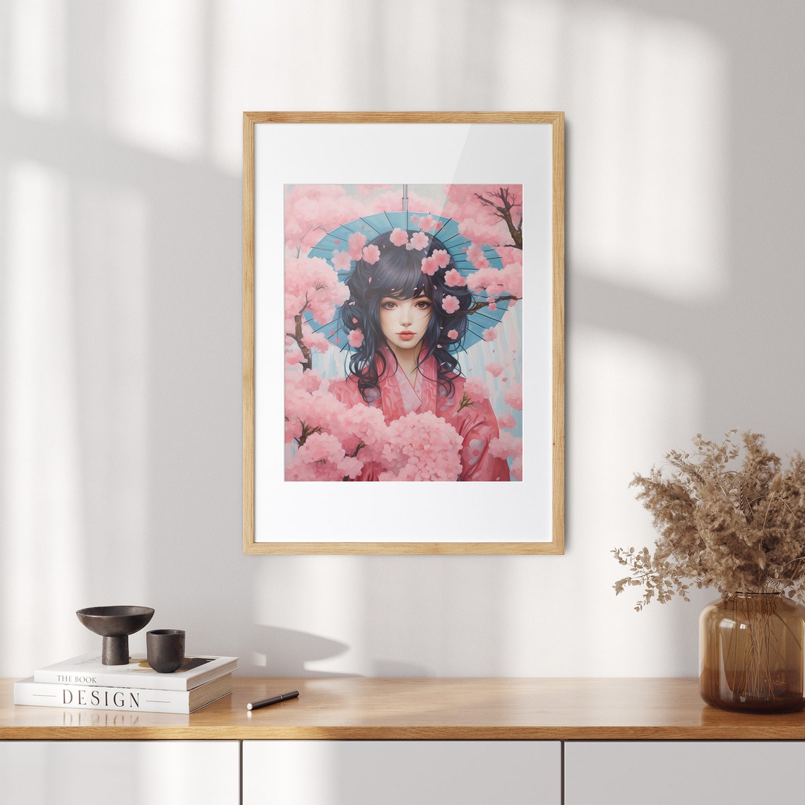 Anime Girl Holding a Blue Parasol Among Cherry Blossoms Poster - Image 2