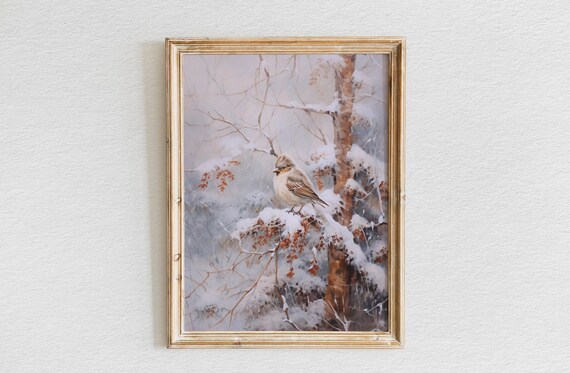 Lone Small Bird on Snow Covered Branch in Misty Winter Wood Art Poster