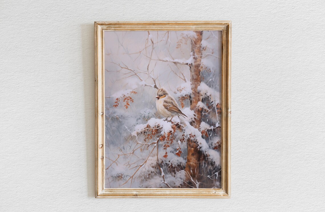 Lone Small Bird on Snow Covered Branch in Misty Winter Wood Art Poster