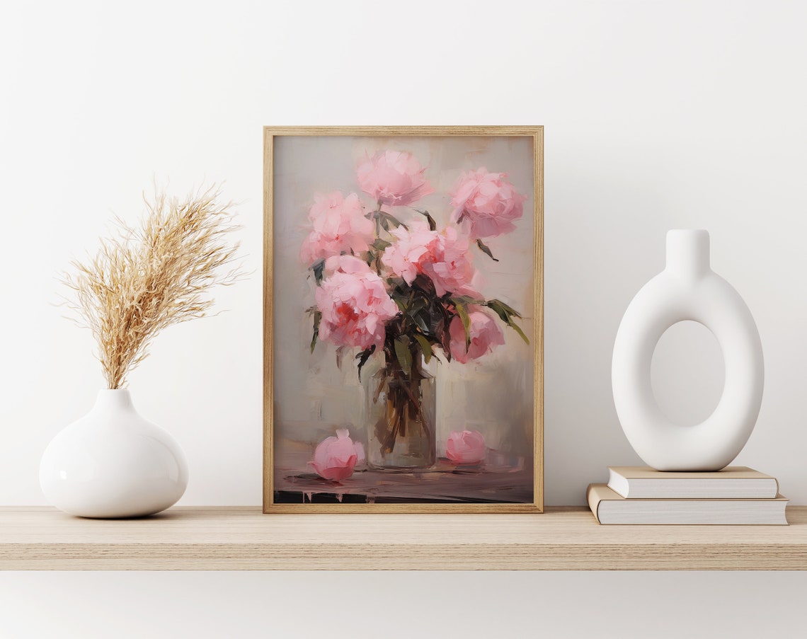 Pink Peonies Oil Painting Moody Pink Peonies Painting Vintage Art Print Flower Print Farmhouse Decor Wall Art Wall Decor - Image 3