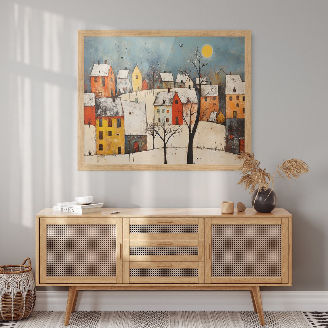 Cheerful Colorful Snowy Village Under Big Golden Sun Naive Art Poster - Image 2