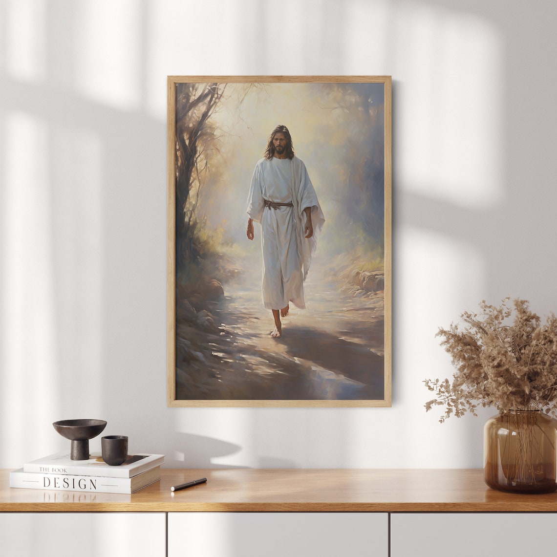 Jesus Walking Barefoot Forest Path Morning Light Christian Art Poster - Image 2