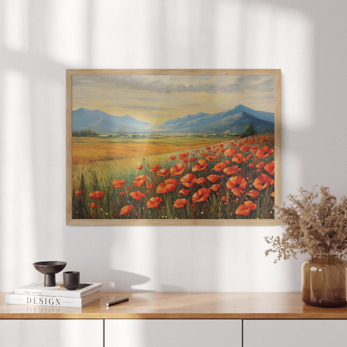 Sunset Red Poppy Field With Blue Mountain Peaks Oil Painting Poster - Image 3