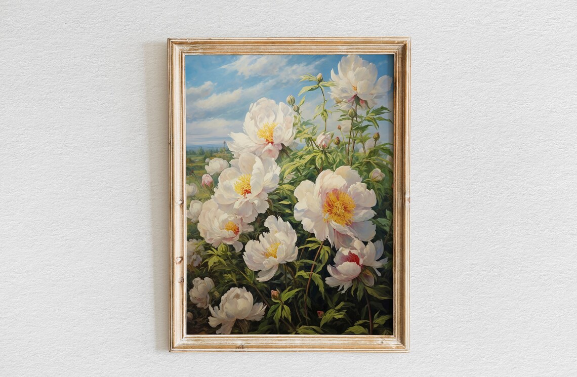 Tall White Peonies Blue Sky Summer Garden Floral Painting Poster