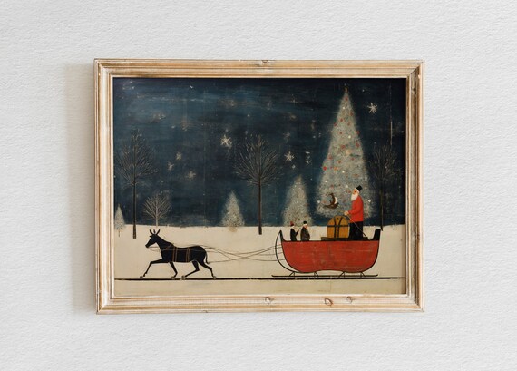 Santa Claus Riding Red Horse Drawn Sleigh Folk Art Snowy Night Poster