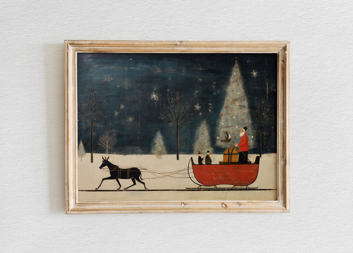 Santa Claus Riding Red Horse Drawn Sleigh Folk Art Snowy Night Poster