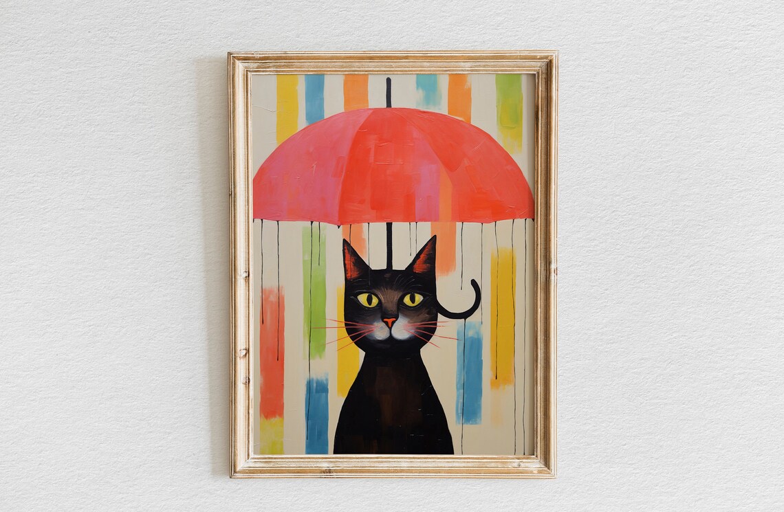 Black Cat Holding a Red Umbrella in the Colorful Rain Poster