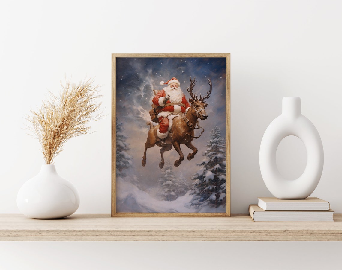 Santa Claus Riding a Flying Reindeer Through the Night Sky Poster - Image 3