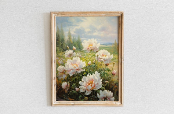 White Peonies Oil Painting Moody White Peonies Painting Vintage Art Print Flower Print Farmhouse Decor Wall Art Wall Decor