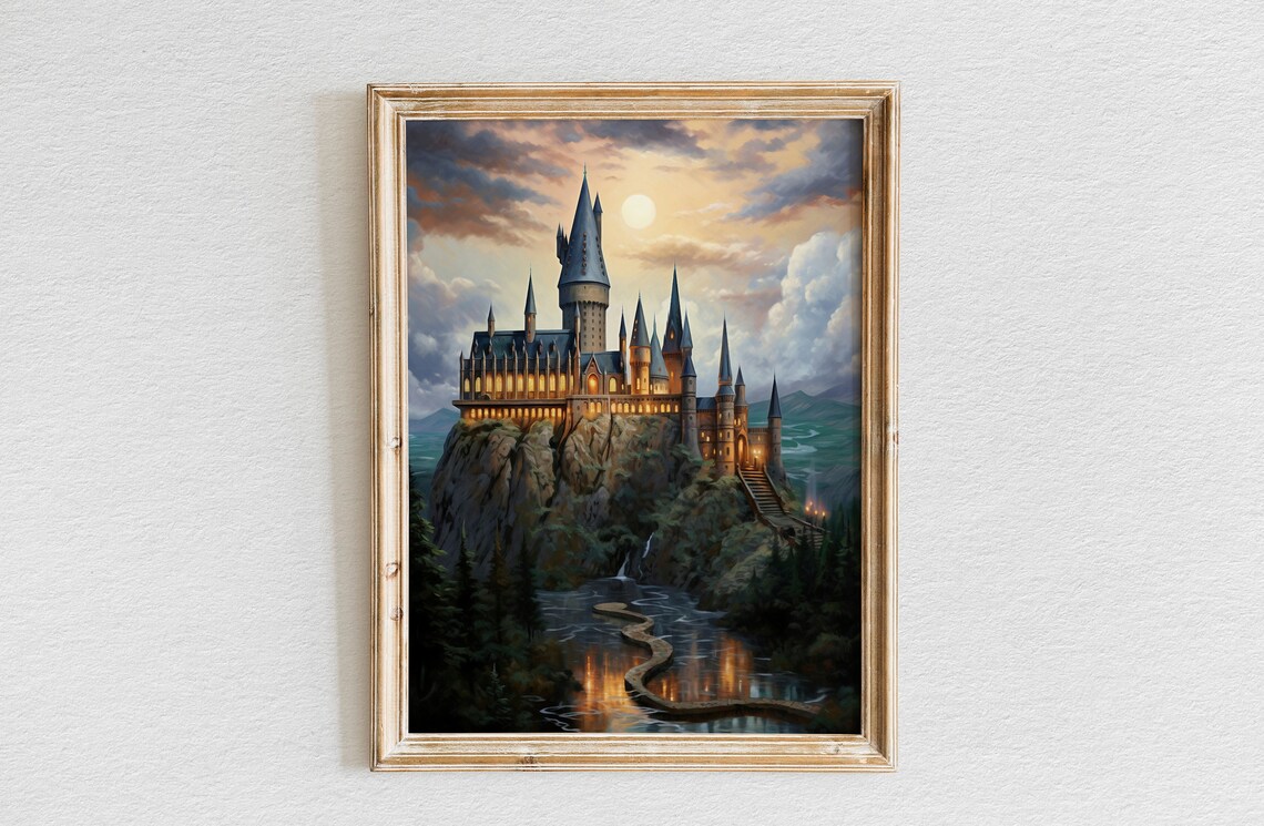 Moonlit Fantasy Castle on Cliffs Enchanted Oil Painting Poster
