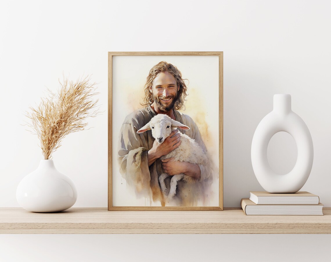 Smiling Jesus Holding a Lamb Soft Watercolor Christian Faith Poster - Image 3