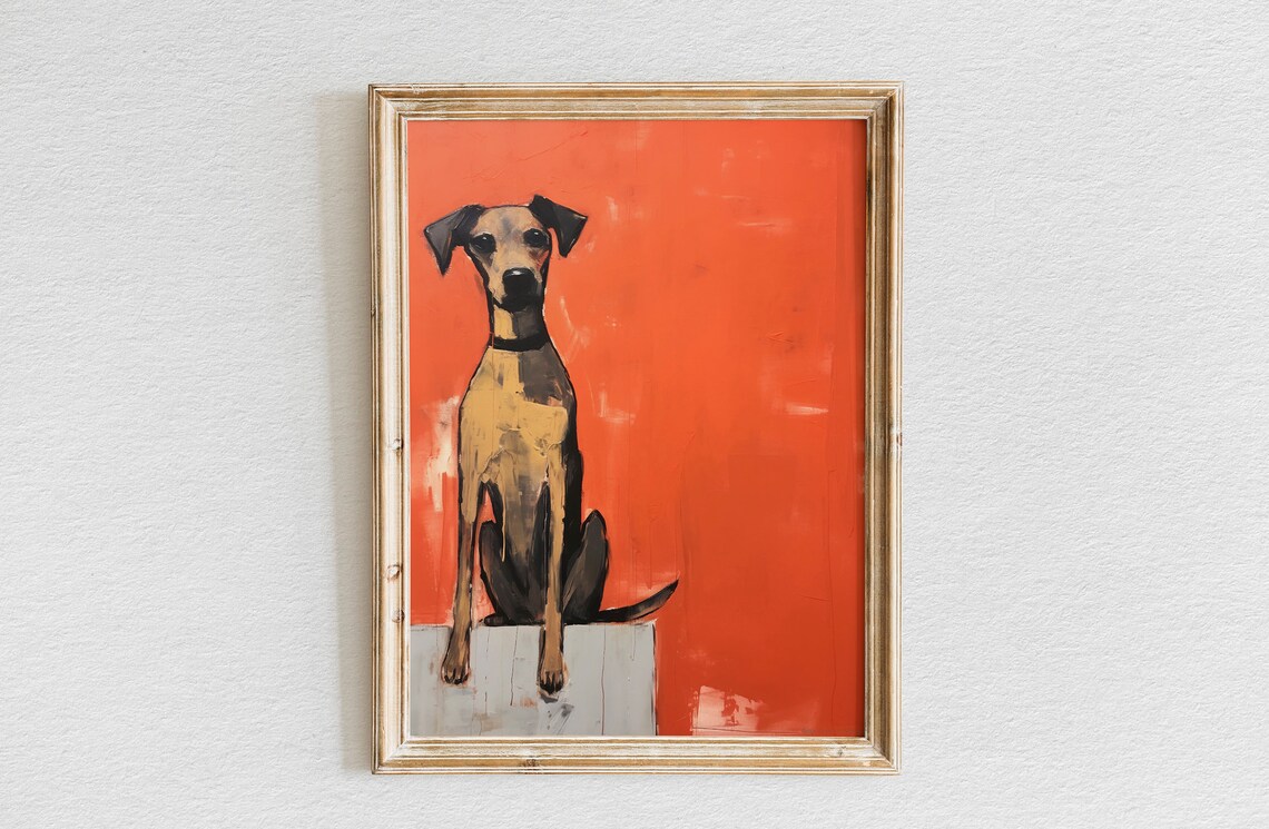 Calm Dog Sitting Tall Against a Bold Orange Background Poster
