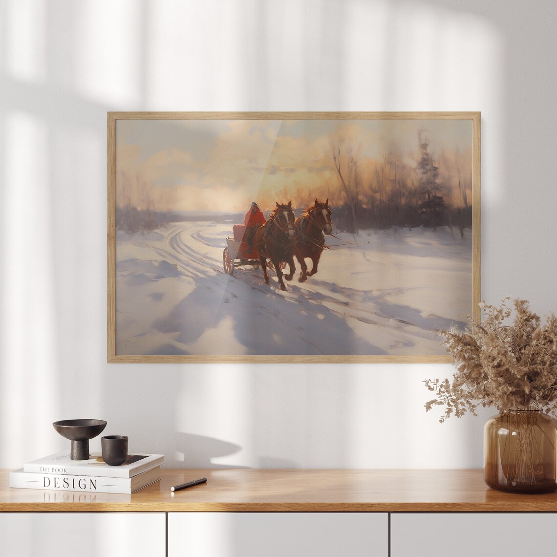 Two Horses Pulling Wagon on Snow Covered Road at Golden Sunset Poster - Image 3