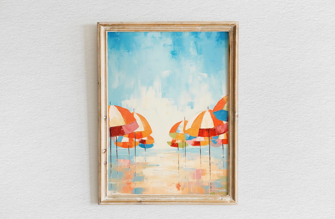 Striped Beach Umbrellas Minimal Coastal Oil Painting Art Poster