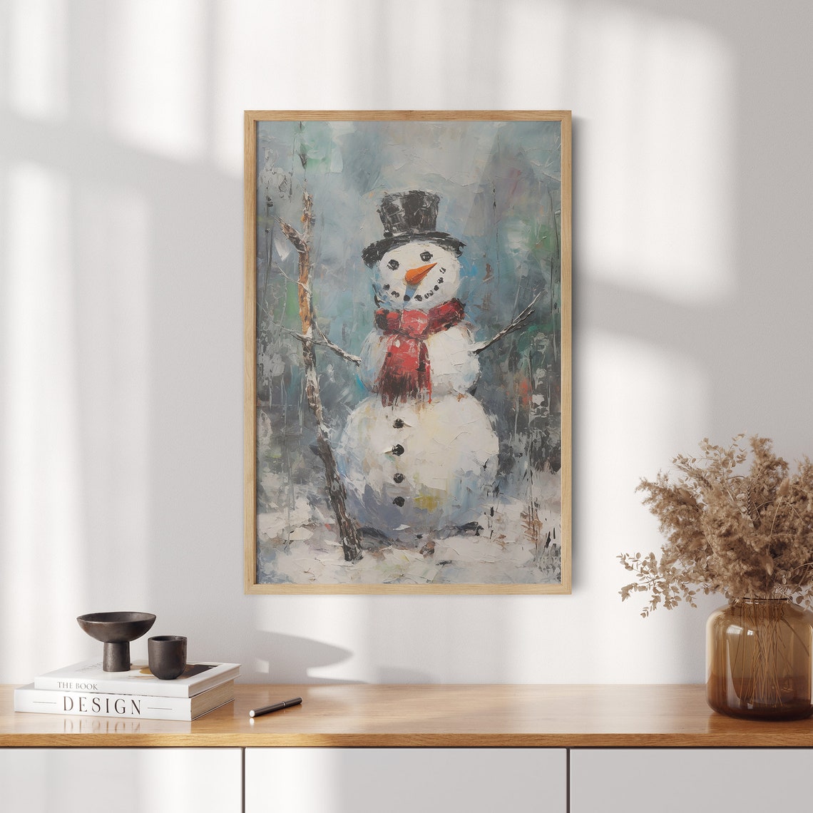 Cheerful Snowman in Black Top Hat and Red Scarf Impasto Winter Poster - Image 2
