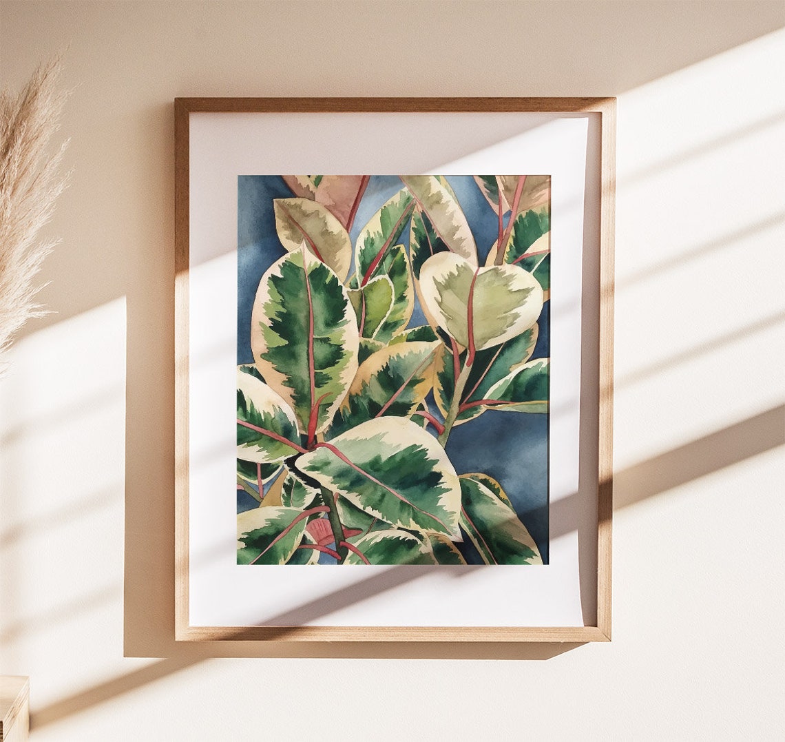 Variegated Ficus Elastica Leaves On Navy Blue Watercolor Poster