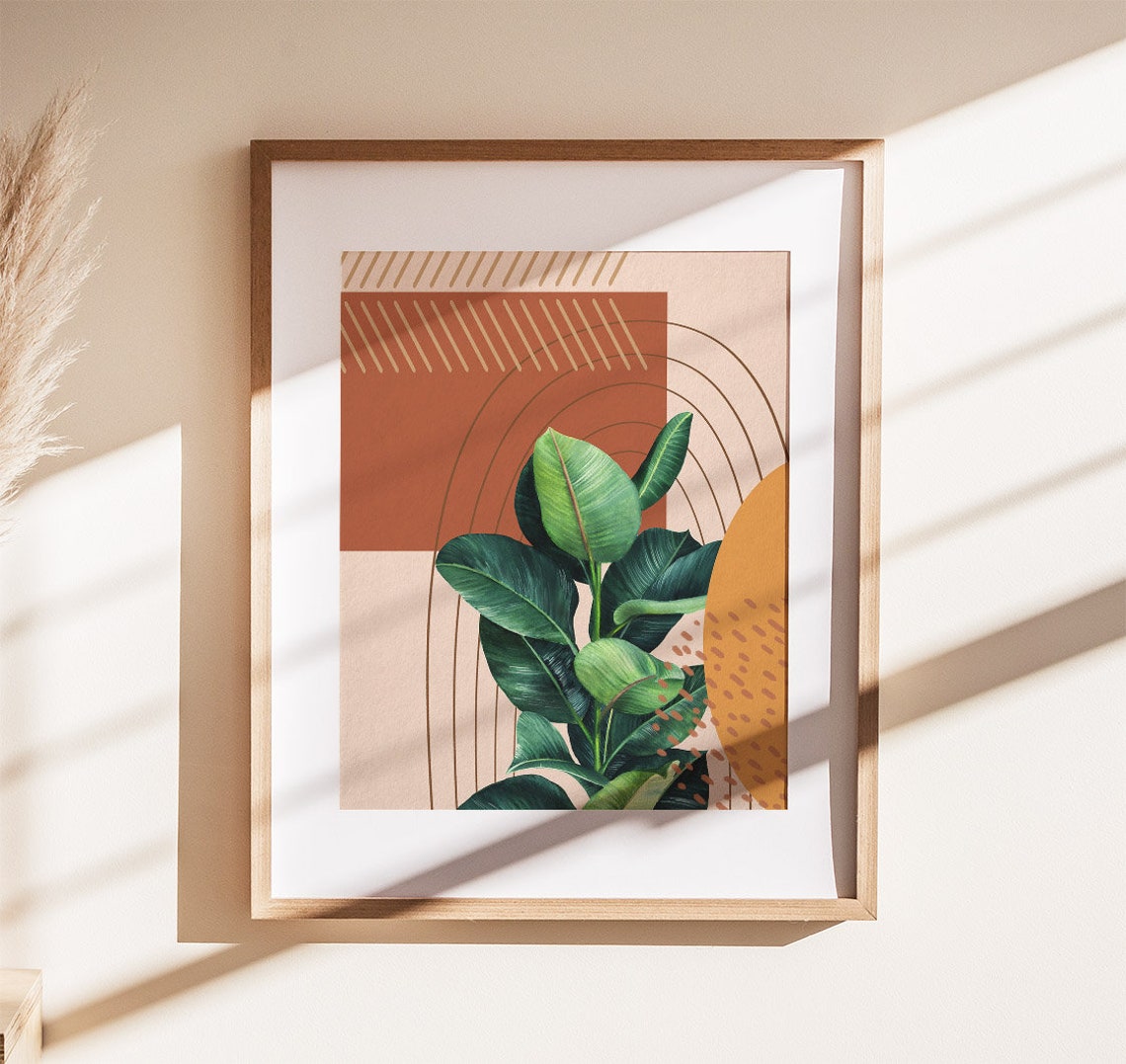 Ficus Elastica Rubber Plant Botanical Print Terracotta Abstract Leaves