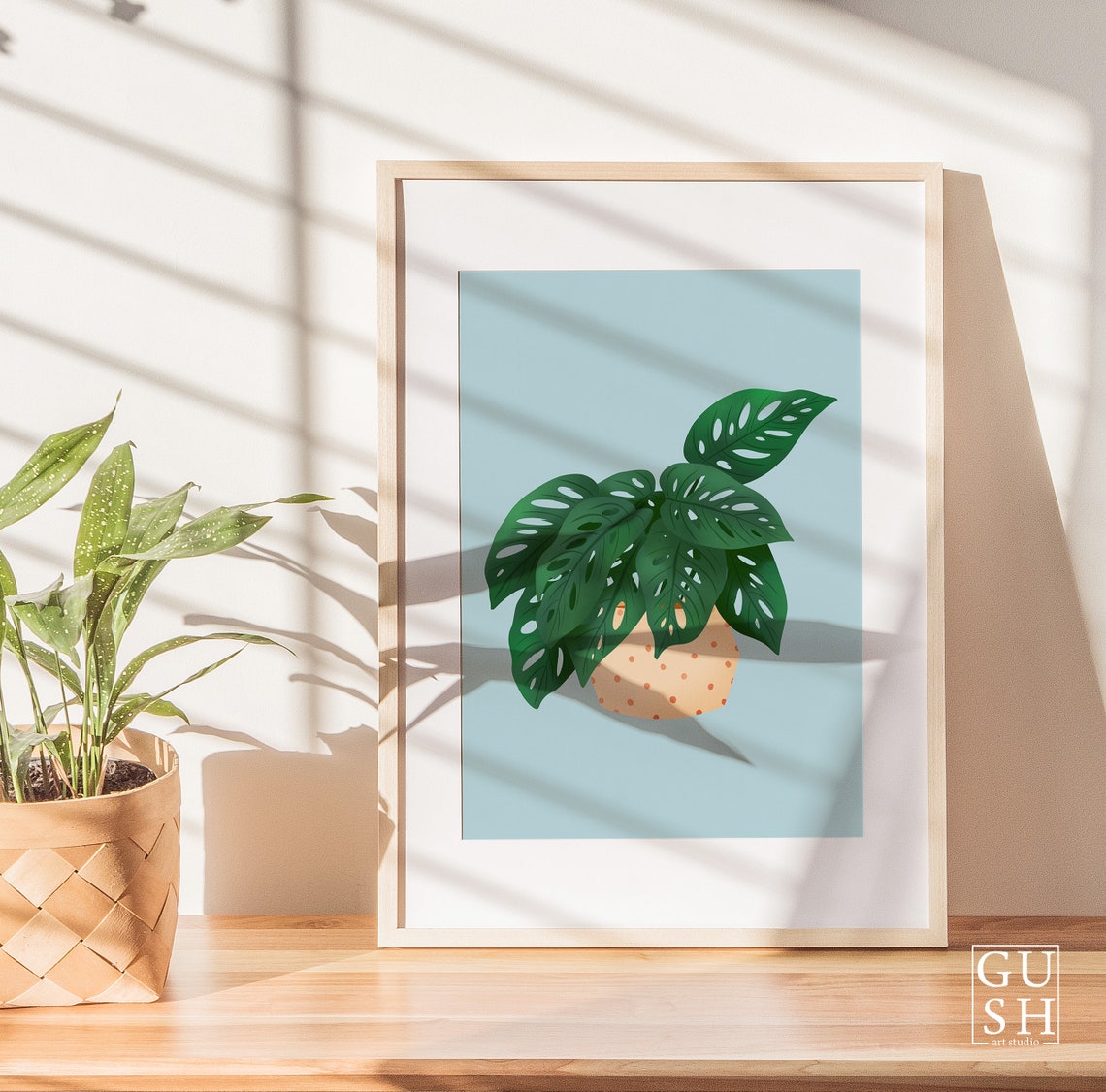 Monstera Adansonii Print Peach Dotted Pot Light Blue Background - Image 2