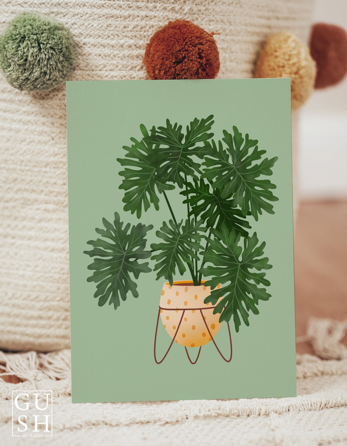Philodendron Xanadu Poster Peach Dotted Pot Sage Green Background - Image 2
