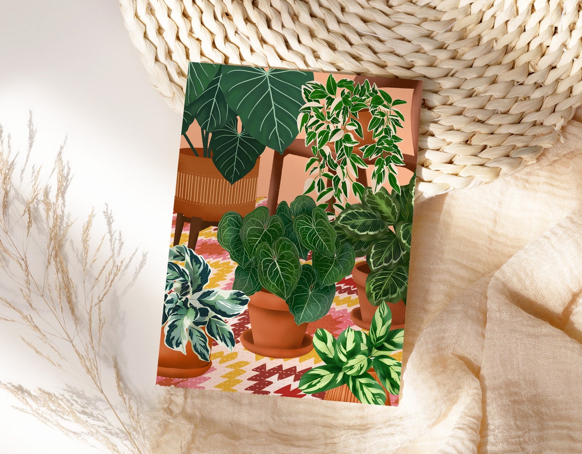 Colorful Indoor Jungle Houseplant Illustration on Geometric Rug Poster - Image 2