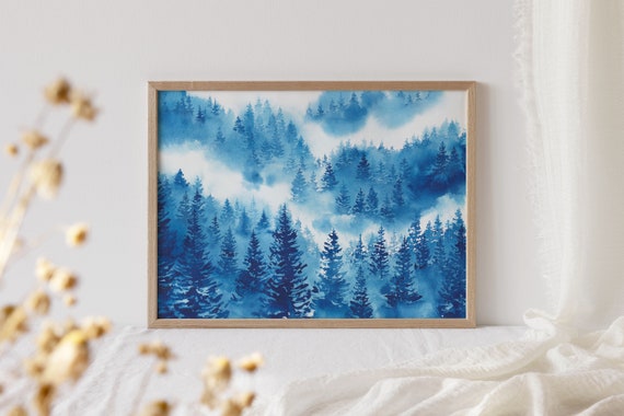 Blue Misty Forest Original Watercolor Painting A3 Watercolor Landscape Nature Wall Art Minimalistic Wall Decor Foggy Mountains Art