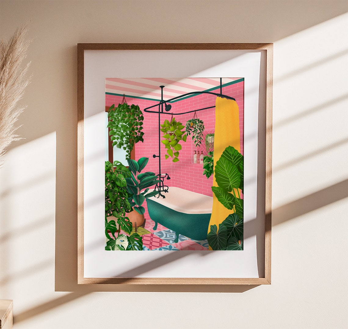 Pink Tiled Bathroom With Clawfoot Tub And Hanging Plants Art Poster