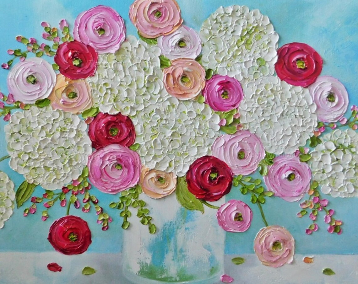 Custom White Hydrangea & Mixed Ranunculus Oil-Style Art Print - Image 5